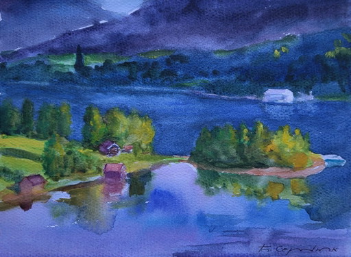 Original Watercolor Painting River Landscape Countryside Village Clouds Over Town – schilderijen tekeningen, Paper