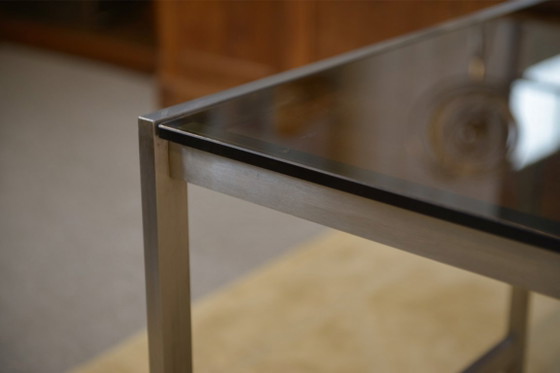 Image 1 of Scrivania di design in acciaio inox spazzolato e vetro fumé nero, anni '80