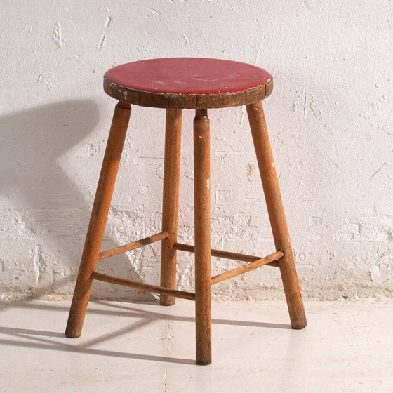 Antieke houten kruk met ronde zitting – Centraal-Europa, circa 1950 – Krukjes, Wood, Rustic (photo 6 of 6)