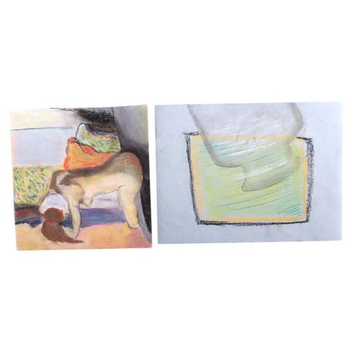 Paire de dessins figuratifs vintage au fusain et au pastel des années 1970, études de nus – 2C50