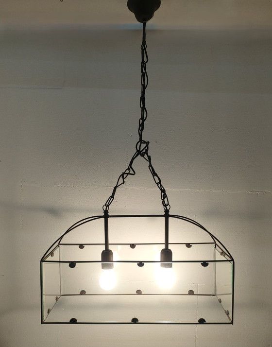 Image 1 of Ensemble de lampes suspendues rétro Amedi en verre/métal des années 90 (1 grande/double) 2 simples.