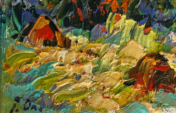 Image 1 of Original Oil Painting Summer Forest Landscape Haystacks in the field