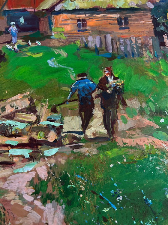 Image 1 of Original Oil Painting Rural Life Landscape Work on a summer day in the village