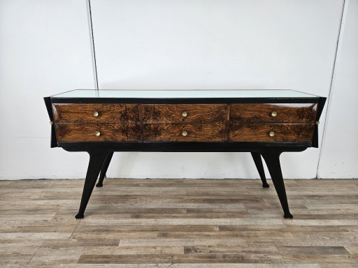 Table console avec tiroirs en loupe de bois et plateau en verre