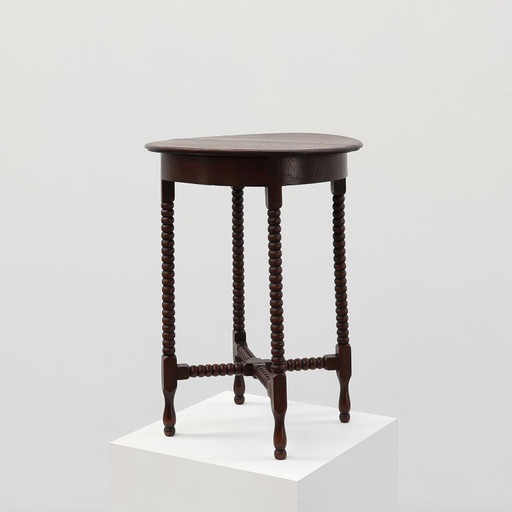 Round wooden Art Deco side table with bobbin legs, France ca. 1900