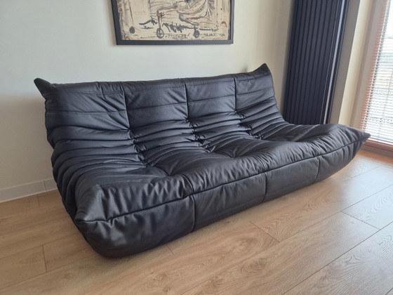 Image 1 of Michel Ducaroy for Ligne Roset Black Leather Togo Sofa and pouf, Set of 2