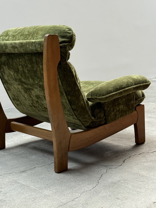 Midcentury vintage armchair solid beech wood velvet green 1970s