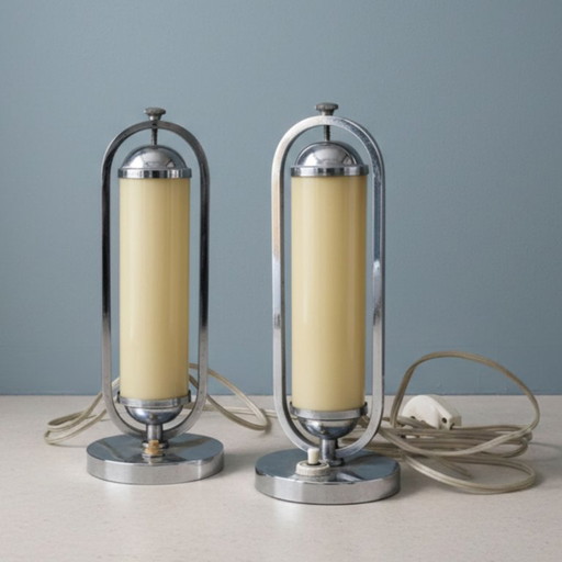 Pair of Bauhaus Functionalist Chrome Table Lamps, Czechoslovakia 1930s