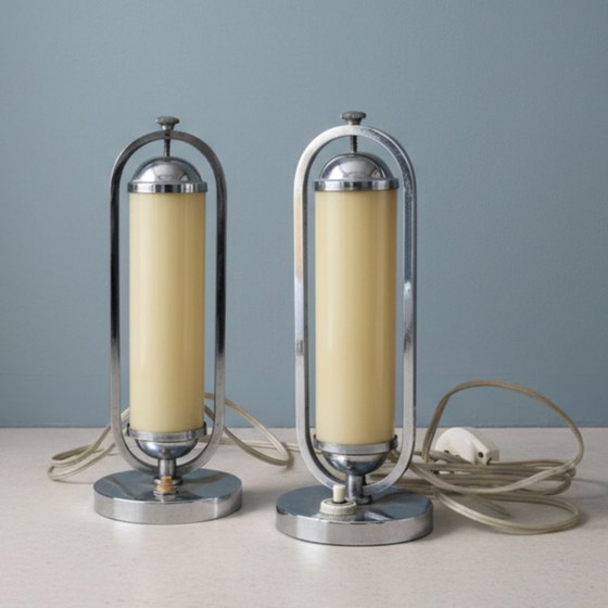 Image 1 of Pair of Bauhaus Functionalist Chrome Table Lamps, Czechoslovakia 1930s