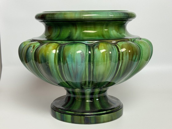 Image 1 of Beautiful Big Art Nouveau Majolica Jardiniere in High Gloss Green Tones