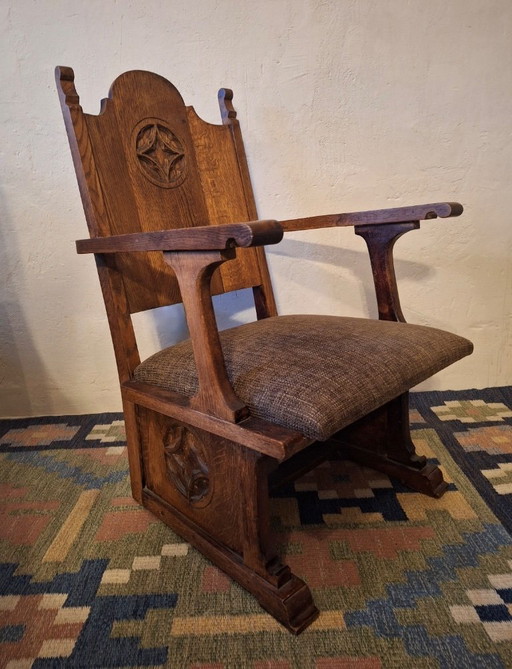 Antique Gothic Revival Carved Oak Armchair, 1910s – fauteuils, Textile, Wood