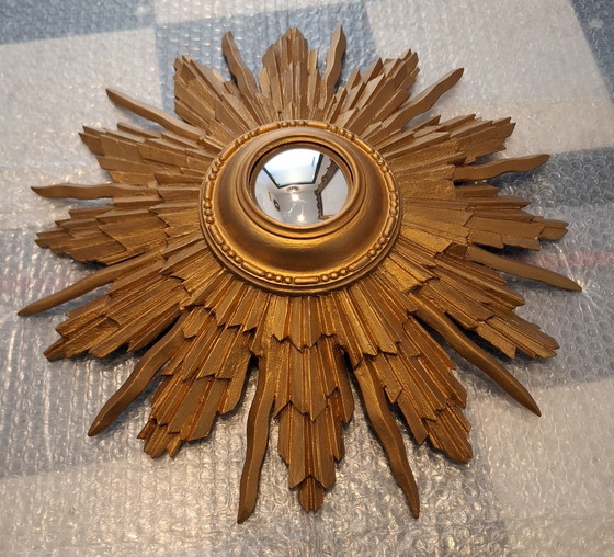 Image 1 of 46cm sun mirror in rare wood, 1950s version. Gold color.