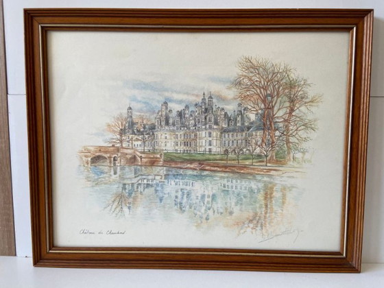 Image 1 of Mixed media, pencil, watercolor, Chambord Castle, art, France, painting, framed