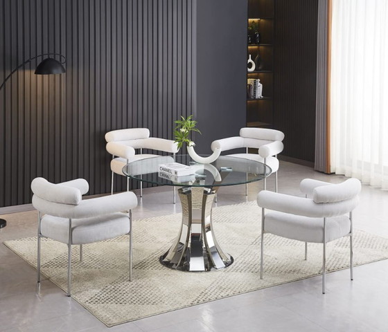 Image 1 of Set di 4 sedie di design "Bubble" in velluto beige con gambe cromate