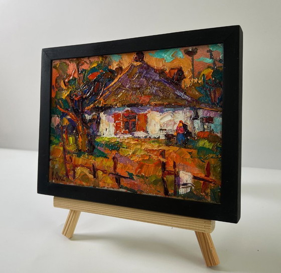 Original Oil Painting Sunset Village Landscape Evening in the Yard – Paintings & Drawings, Canvas (photo 2 of 8)