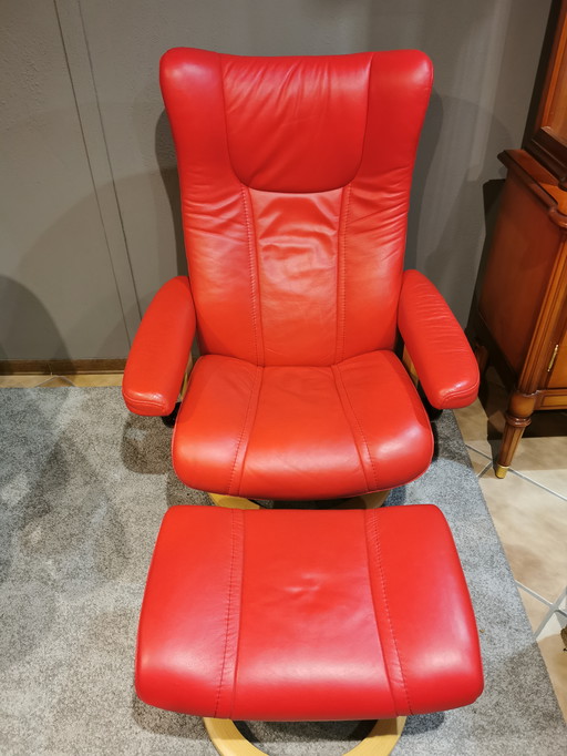 Ekornes Stressless Chair, Mod. Wing, Size M, With Hocker.