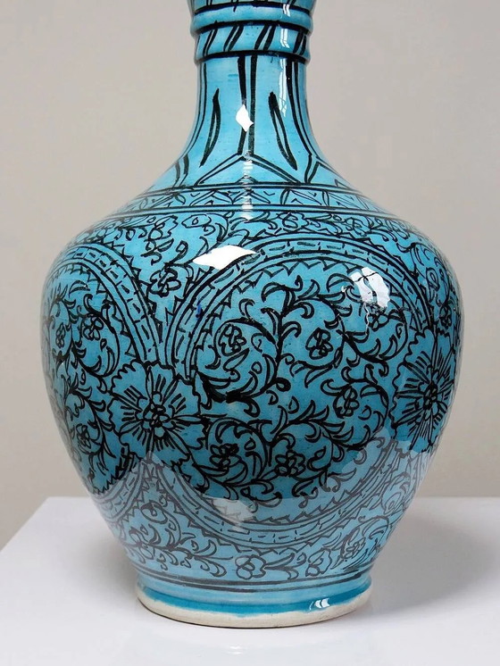 Covered vase or Persian jar, glazed Iznik pottery, vintage turquoise painted., Porcelain, Black (photo 7 of 16)