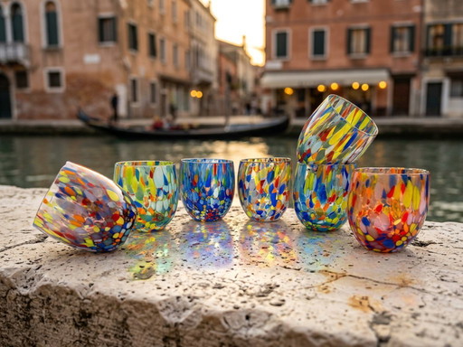 Set di 7 bicchieri in vetro soffiato veneziano con murrine Effetre Murano fuse nel vetro, hand made in italy.