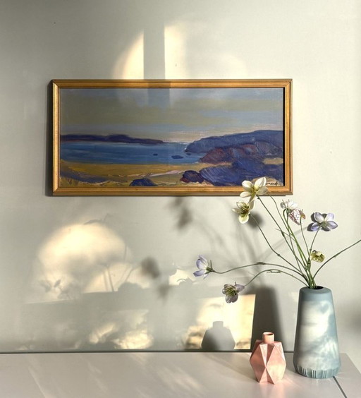 Scena costiera astratta impressionista "Costa all'alba" di Uno Bornemark (n. 1907)