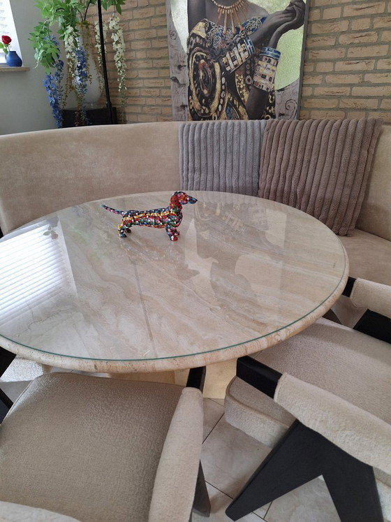 Magnifique Table de salle à manger Vintage en Travertin Massif - ronde 120 cm – Tables de salle à manger (photo 8 of 8)