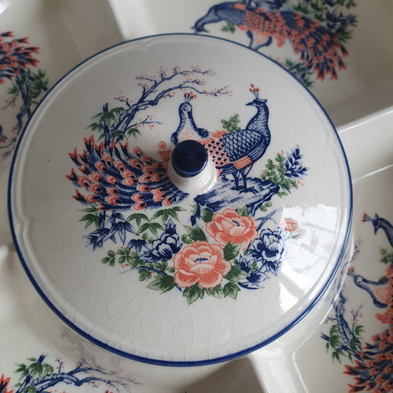 Image 1 of Piatto da portata vintage a forma di pavone in porcellana giapponese degli anni '50