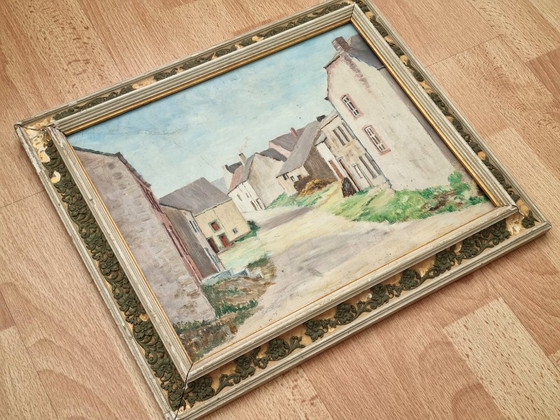 Antique oil painting, picturesque village view "Felenne" (1954) – Post-Impressionism – Decorative Objects (photo 7 of 9)