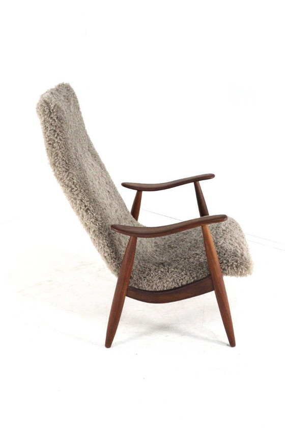 Image 1 of Fauteuil vintage rembourré en tissu poilu, style milieu du siècle