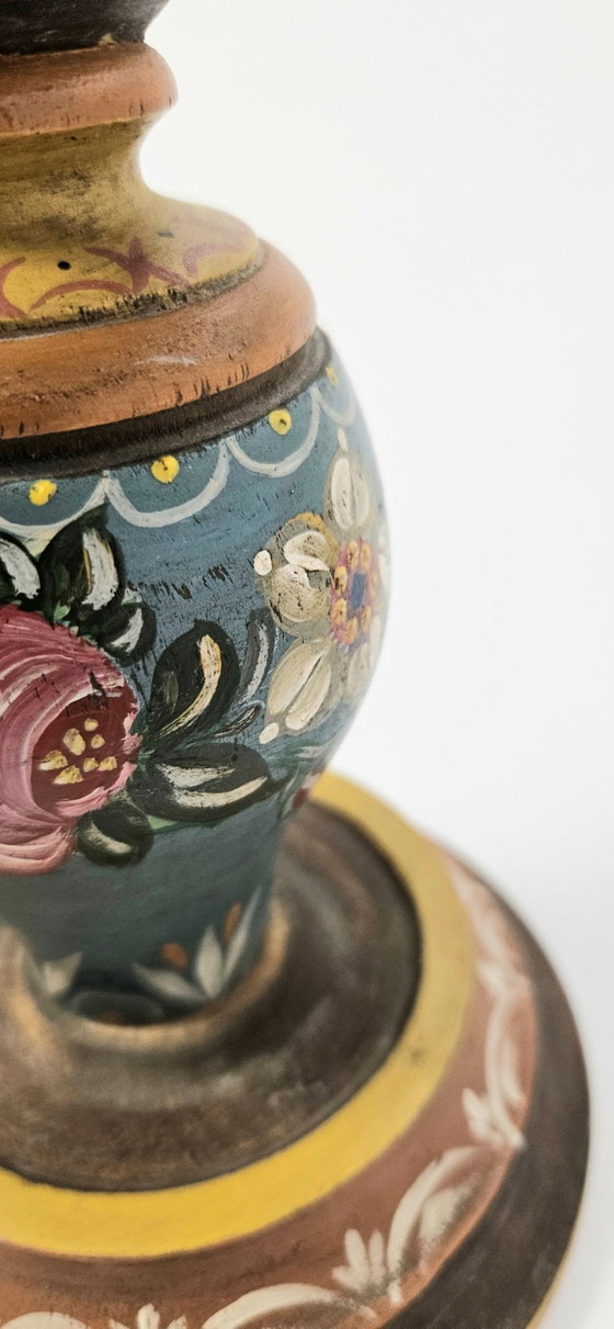 Image 1 of Vintage Wooden Hand painted Candle Holder German Bauernmalefai Folk Art Floral Flower Motifs Farmhouse Decor Carved Wood Candles