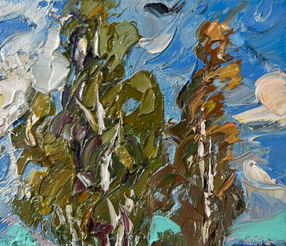 Image 1 of Peinture à l'huile originale, paysage naturel, champ, vent froid d'été