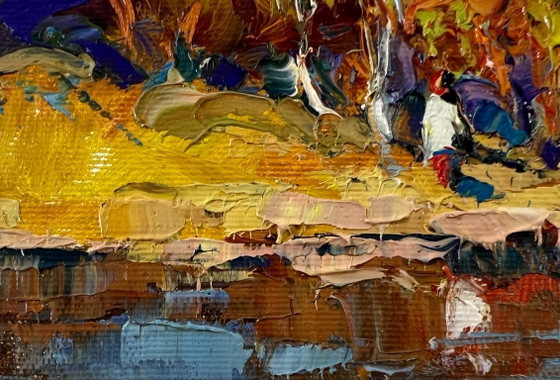 Image 1 of Original Oil Painting Autumn Coastal Landscape Over the River