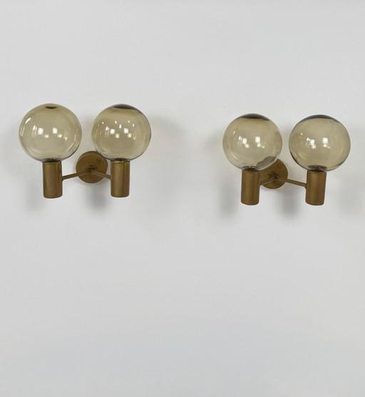 Pair of vintage double wall lights, Hans-Agne Jakobsson model V 149/2, brass and smoked glass, Sweden, 1970