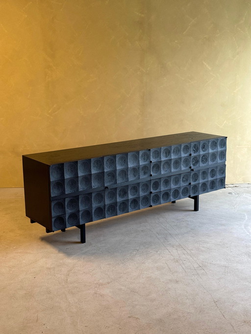 Brutalist Credenza in Black Stained Oak by J. Batenburg for MI Belgium