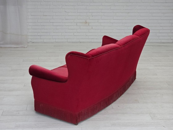 Image 1 of 1960s, Danish 3-seater curved sofa, red furniture velour.