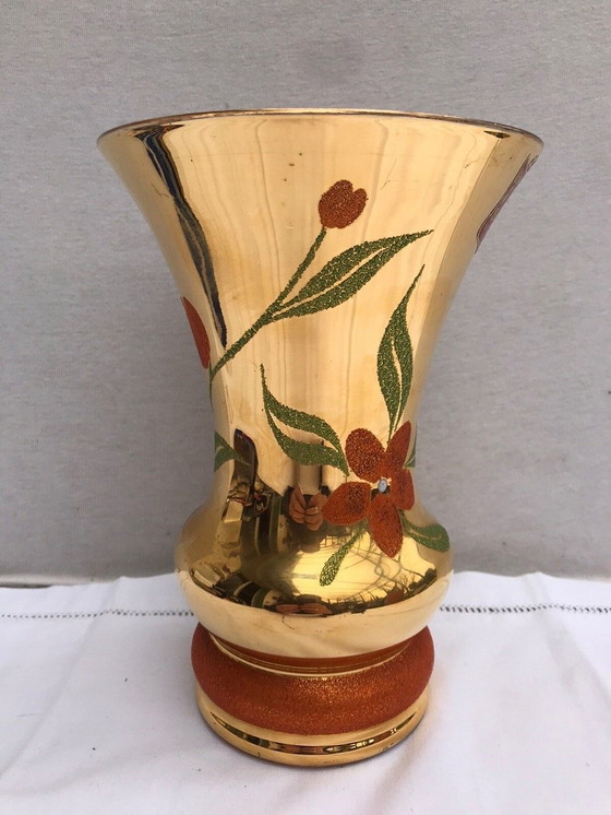 Image 1 of Vaso antico in vetro artistico di BEAULIEU, vetro dipinto in oro + decoro floreale vintage #D391