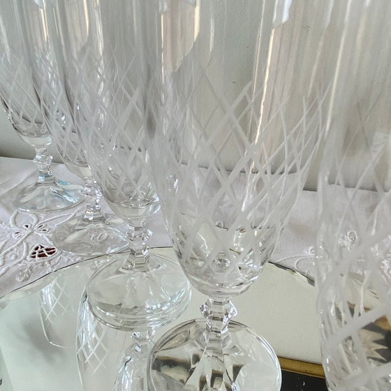 Image 1 of 6 Antique Engraved Champagne Flutes