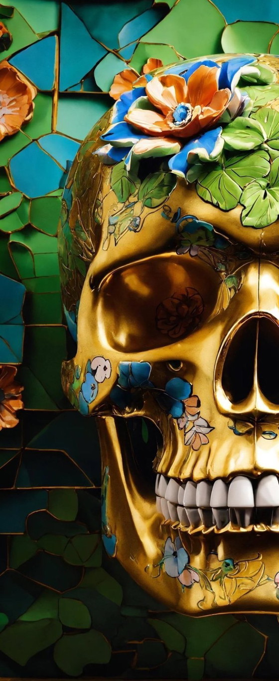 Image 1 of DEAD HEAD - Teschio con fiori verdi e oro - Stampa su alluminio