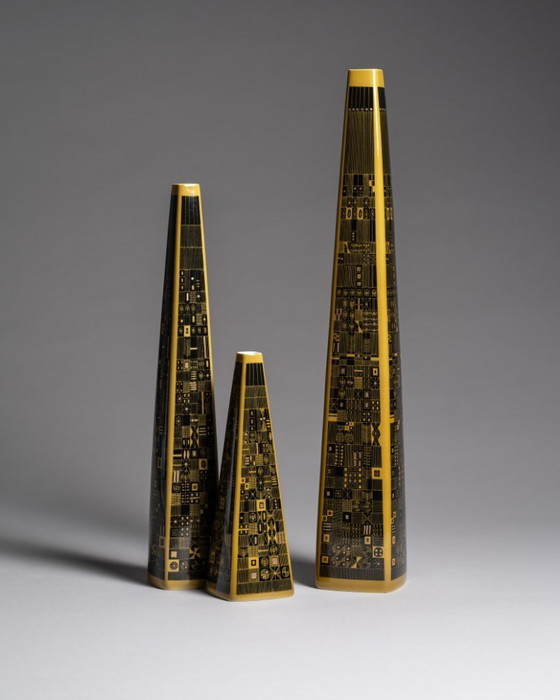 Image 1 of Rare Rosenthal Studio-Line Mustard Graphic Design by Theo Baumann Vase Trio MCM