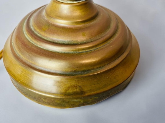 Art Nouveau Inspired Curved Brass Green Tulip Glass Table Lamp (photo 13 of 14)