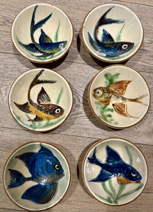 Set of 6 handmade studio ceramic bowls with fish decorations (Puigdemont?) – 1970s/80s