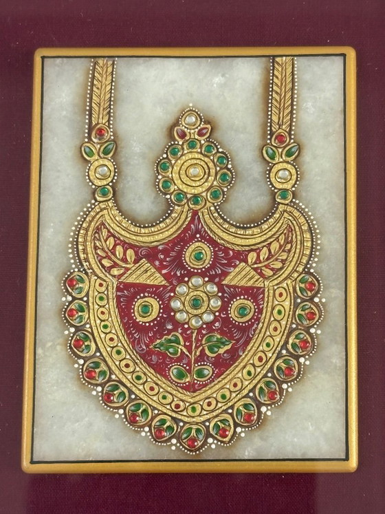 Image 1 of Vintage ingelijst Rajasthani Meenakari koninklijk kettingschilderij op marmer