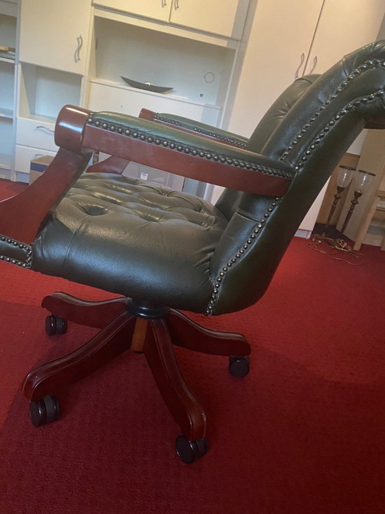Image 1 of Office chair Antique green leather with wood