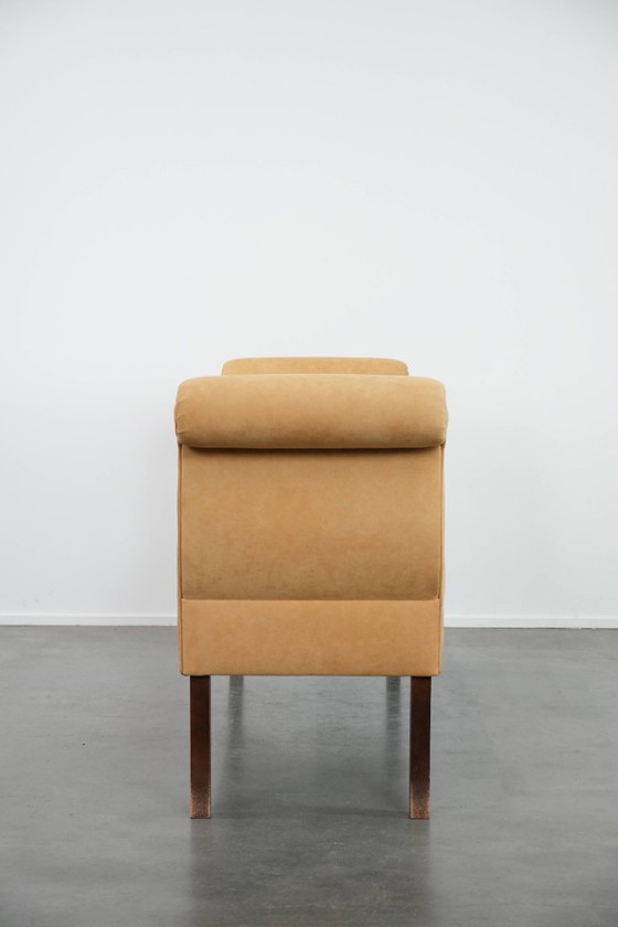 Image 1 of Mosterdgele stoffen vintage bankje/ raambankje uit eind 20e eeuw