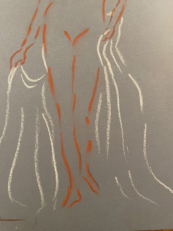 Image 1 of Tableau Signé Sanguine Pastel Blanc Papier Bleu Denim Portrait Femme Bains