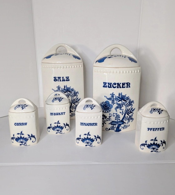Image 1 of Vintage 6x onion pattern porcelain storage jars containers 