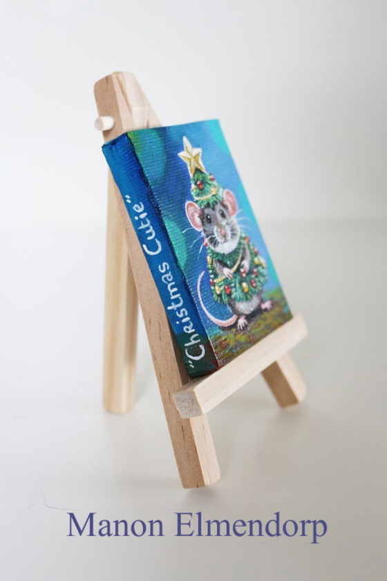 Unique Hand-Painted Miniature Painting Mouse as Christmas Tree, Paintings & Drawings, Canvas, Wood (photo 4 of 6)