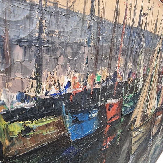 Image 1 of Peinture française vintage avec des bateaux dans le port, années 1950