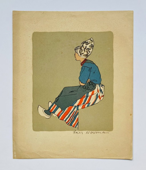 Lars Norrman – Vintage-Lithografie – Frau in niederländischer Tracht