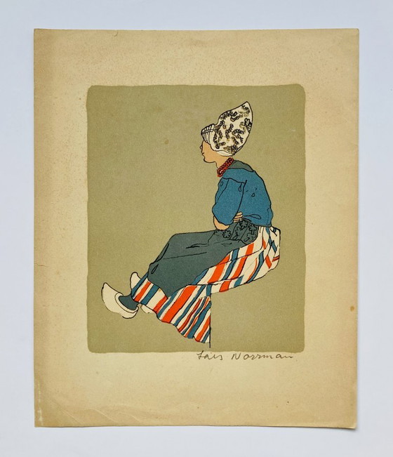 Image 1 of Lars Norrman - Vintage Lithografie - Vrouw in Nederlandse Klederdracht
