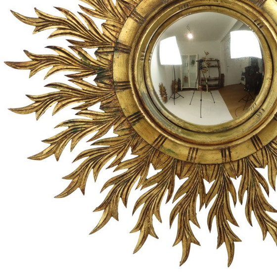 Image 1 of Large Rare Wooden Sun Mirror Sunburst Gold Leaf XL 86cm