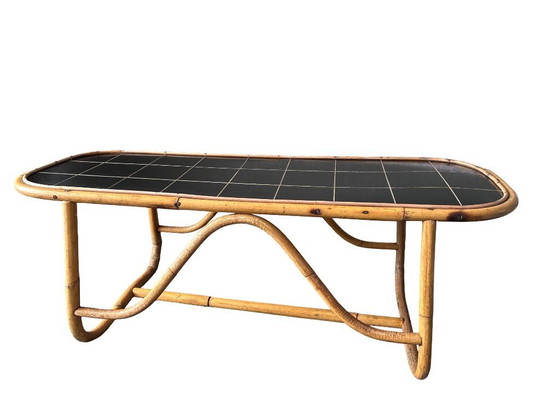 Image 1 of Vintage Bamboo Coffee Table with Black Plastic Top